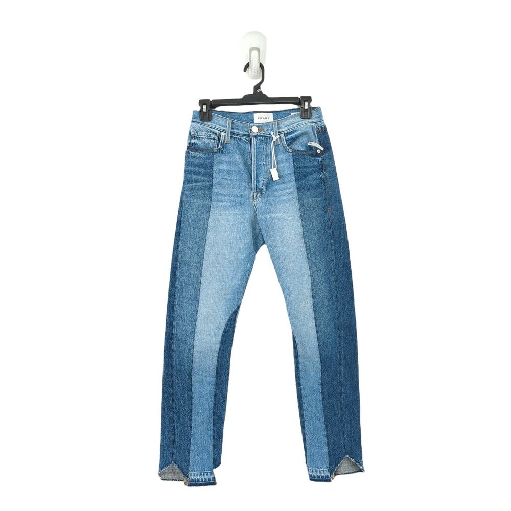 Frame Women 24 Nouveau Le Mix Jeans Blue Cropped Straight Mid Rise Distress NEW